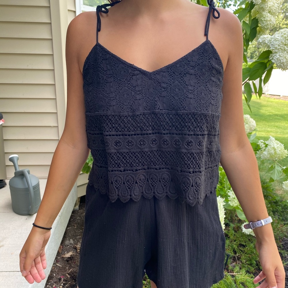 Topshop Black Romper with tie spaghetti straps